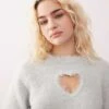 Monki Fluffy Sweater With Cut Out Heart In Grey For Women