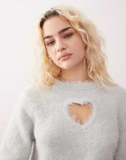 Monki Fluffy Sweater With Cut Out Heart In Grey For Women