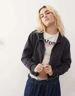 Monki Cropped Oversized Zip Up Hoodie In Washed Black For Women