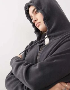 Monki Cropped Oversized Zip Up Hoodie In Washed Black For Women -Monki Shop 207477303 3