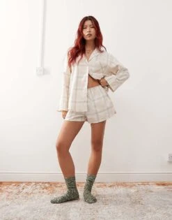 Monki Co-ord Flannel Boxer Shorts In Tonal Check For Women