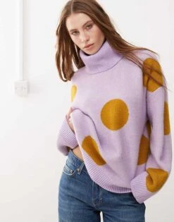 Monki Turtleneck Oversized Knit Sweater In Lilac And Mustard Polka Dot For Women -Monki Shop 207477326 1 lilacandmustard 1