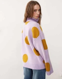 Monki Turtleneck Oversized Knit Sweater In Lilac And Mustard Polka Dot For Women -Monki Shop 207477326 4