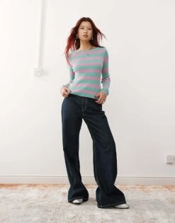 Monki Long Sleeve Light Ribbed Knitted Top In Green Spacedye For Women -Monki Shop 207477341 2