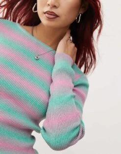 Monki Long Sleeve Light Ribbed Knitted Top In Green Spacedye For Women -Monki Shop 207477341 3