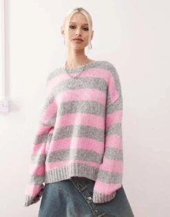 Monki Crew Neck Knitted Sweater In Pink And Grey Stripe For Women