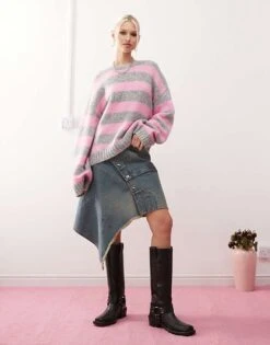 Monki Crew Neck Knitted Sweater In Pink And Grey Stripe For Women -Monki Shop 207477406 4