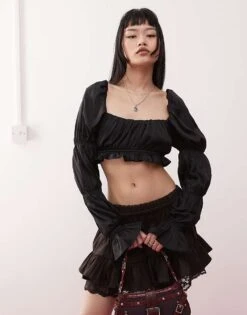 Monki Satin Ruched Puff Long Sleeve Crop Top In Black For Women -Monki Shop 207477423 1 black 1