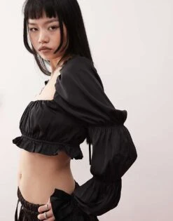 Monki Satin Ruched Puff Long Sleeve Crop Top In Black For Women -Monki Shop 207477423 3