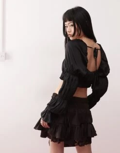 Monki Satin Ruched Puff Long Sleeve Crop Top In Black For Women -Monki Shop 207477423 4