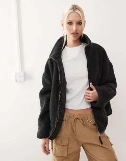 Monki Long Sleeve Zip Through Fleece With Contrasting Trims In Black For Women -Monki Shop 207477429 3