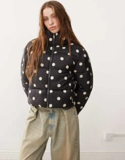 Monki Padded Puffer Jacket In Black Polka Dot For Women