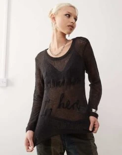 Monki Long Sleeve Graphic Sheer Knit Top In Dark Grey For Women