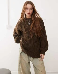 Monki Oversized Crew Neck Cable Knitted Sweater In Brown For Women