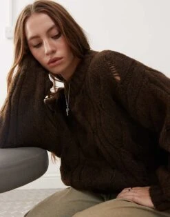 Monki Oversized Crew Neck Cable Knitted Sweater In Brown For Women -Monki Shop 207477475 3