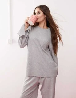 Monki Mix And Match Long Sleeve Soft Oversized Pyjamas In Grey -Monki Shop 207477493 1 greymelange 1