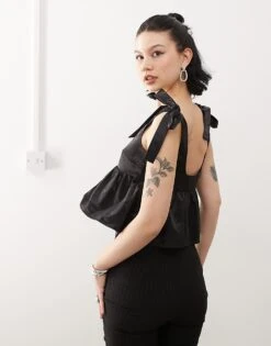 Monki Satin Peplum Vest With Bow Strap Detail In Black For Women -Monki Shop 207477510 3