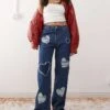 Monki Naoki Low Rise Loose Fit Baggy Jeans In Dark Blue Wash With Embossed Hearts For Women