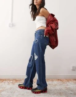 Monki Naoki Low Rise Loose Fit Baggy Jeans In Dark Blue Wash With Embossed Hearts For Women -Monki Shop 207477551 3