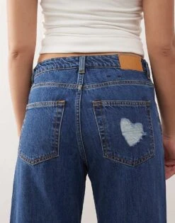 Monki Naoki Low Rise Loose Fit Baggy Jeans In Dark Blue Wash With Embossed Hearts For Women -Monki Shop 207477551 4
