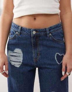 Monki Naoki Low Rise Loose Fit Baggy Jeans In Dark Blue Wash With Embossed Hearts For Women -Monki Shop 207477551 5