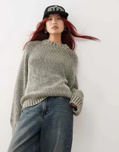 Monki Heavy Ribbed Knit Crew Neck Sweater In Khaki Acid Wash For Women