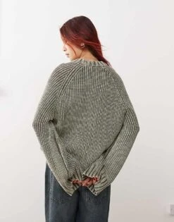 Monki Heavy Ribbed Knit Crew Neck Sweater In Khaki Acid Wash For Women -Monki Shop 207477568 3