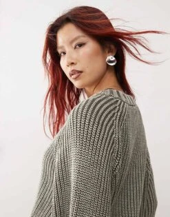 Monki Heavy Ribbed Knit Crew Neck Sweater In Khaki Acid Wash For Women -Monki Shop 207477568 4