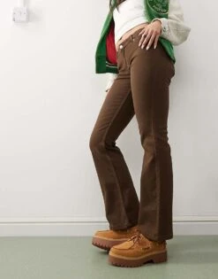 Monki Low Rise Flare Trousers With Heart Details In Washed Brown For Women -Monki Shop 207477585 1 washedbrown 1