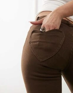 Monki Low Rise Flare Trousers With Heart Details In Washed Brown For Women -Monki Shop 207477585 2