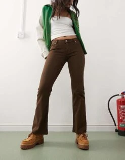 Monki Low Rise Flare Trousers With Heart Details In Washed Brown For Women -Monki Shop 207477585 4