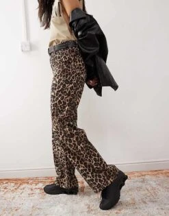 Monki Mid Rise Trousers In Brown Leopard Print For Women -Monki Shop 207477628 3
