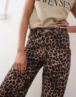 Monki Mid Rise Trousers In Brown Leopard Print For Women -Monki Shop 207477628 4
