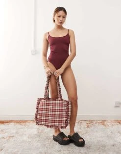 Monki Tie Up Back Swimsuit In Plum For Women -Monki Shop 207477667 3