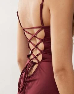 Monki Tie Up Back Swimsuit In Plum For Women -Monki Shop 207477667 4