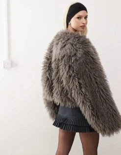 Monki Shaggy Faux Fur Jacket With Hook And Bar Front In Grey For Women -Monki Shop 207477718 3