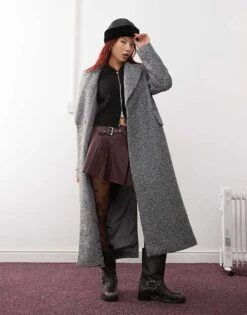 Monki Textured Long Double Breasted Coat In Grey For Women