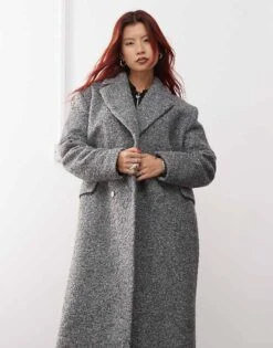 Monki Textured Long Double Breasted Coat In Grey For Women -Monki Shop 207482298 3