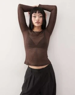 Monki Long Sleeve Sheer Ribbed Top In Dark Chocolate Brown For Women Dark Brown -Monki Shop 207482334 1 darkbrown 1