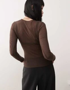 Monki Long Sleeve Sheer Ribbed Top In Dark Chocolate Brown For Women Dark Brown -Monki Shop 207482334 4