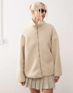 Monki Long Sleeve Zip Through Fleece With Contrasting Trims In Off White With Pink Floral Lining For Women Off White And Grey -Monki Shop 207482352 1 offwhiteandgrey 1