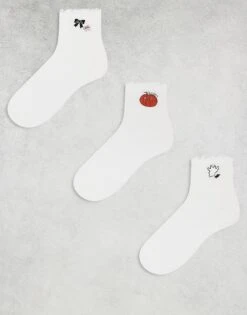 Monki 3 Pack Ankle Socks With Embroidered Motifs And Frill Edge In White For Women -Monki Shop 207482401 1 white 1