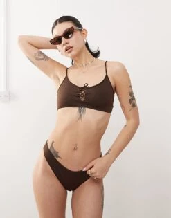 Monki Tie Front Bikini In Brown -Monki Shop 207529138 1 darkbrown 1