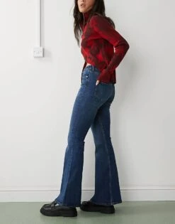 Monki Katsumi Low Waist Boot Cut Flare Jeans In Dark Ocean Blue Wash For Women Dark Wash Blue -Monki Shop 207542266 3