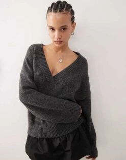 Monki Slouchy V Neck Oversized Jumper In Grey For Women -Monki Shop 207581907 1 grey 1