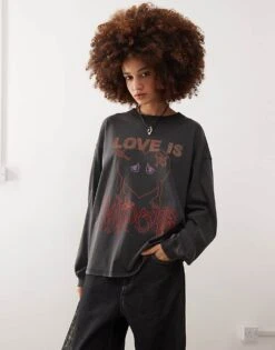 Monki Long Sleeve T-shirt With Love Is Hardcore Print In Grey For Women Washed Black