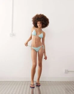 Monki Mix And Match Tie Side Bikini In Turquoise Blue - LBLUE