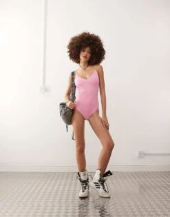 Monki Tie Up Back Swimsuit In Light Dusty Pink For Women