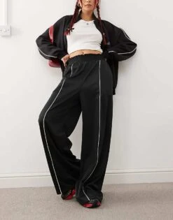 Monki Wide Leg Pull On Track Pant With Front Stripe In Black For Women -Monki Shop 207599652 1 black 1