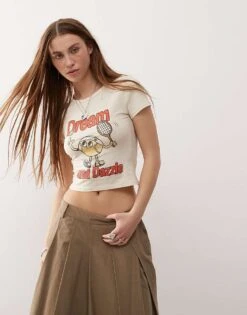 Monki Shrunken Fit Baby Tee With Tennis Cartoon Graphic In Ecru For Women -Monki Shop 207599750 1 ecru 1